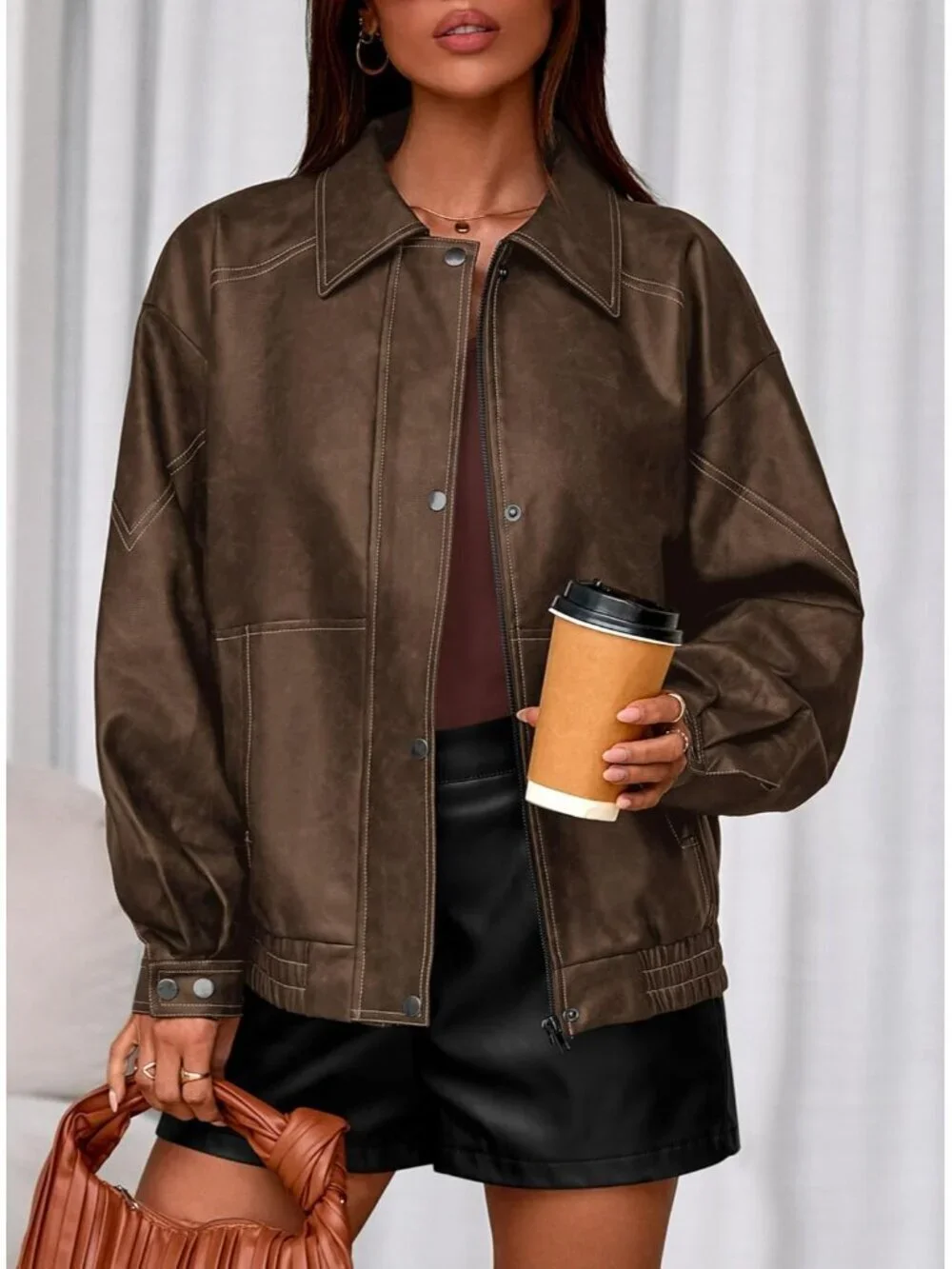 Women's Bomber Motorcycle Zip Up Jackets Oversized Faux Leather Jacket Brown